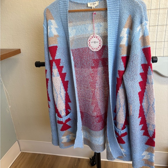 Umgee Sweaters - Umgee Women's Blue and Red Geometric Cardigan